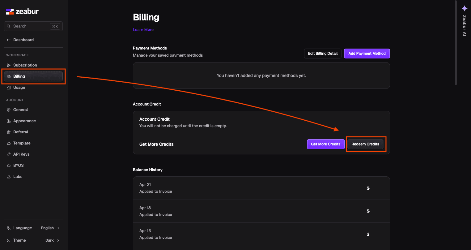 Switch to Billing and click Redeem Credits