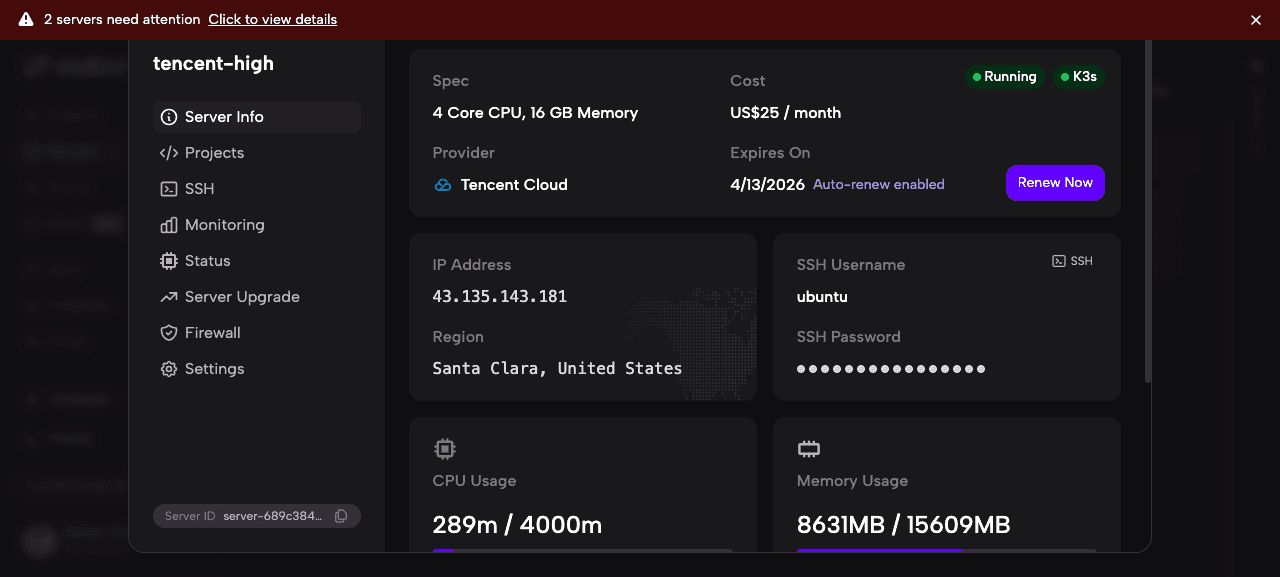 Server Info showing K3s status